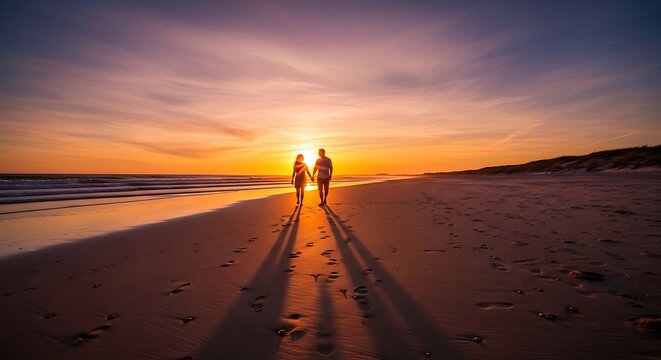 Silhouette of couple walking hand-in-hand on beach at sunset.