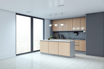 Modern light wood kitchen interior with island, stylish cabinets, pendant lighting, and large city-view window in bright home space. 3D Rendering