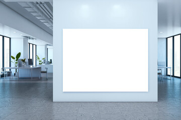 Blank white display board on wall in modern corporate office interior with large windows and city...
