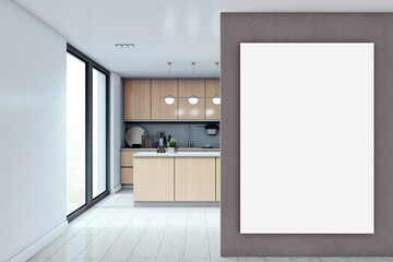 Vertical blank poster frame mockup on gray wall in bright modern kitchen interior with wooden cabinets, island, and large window background. 3D Rendering