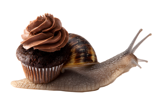 Chocolate cupcake snail hybrid creature isolated on transparent background