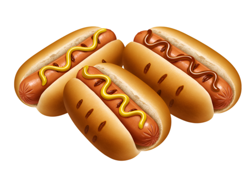 Illustration of Three Hot Dogs With Mustard and Ketchup on Transparent Background