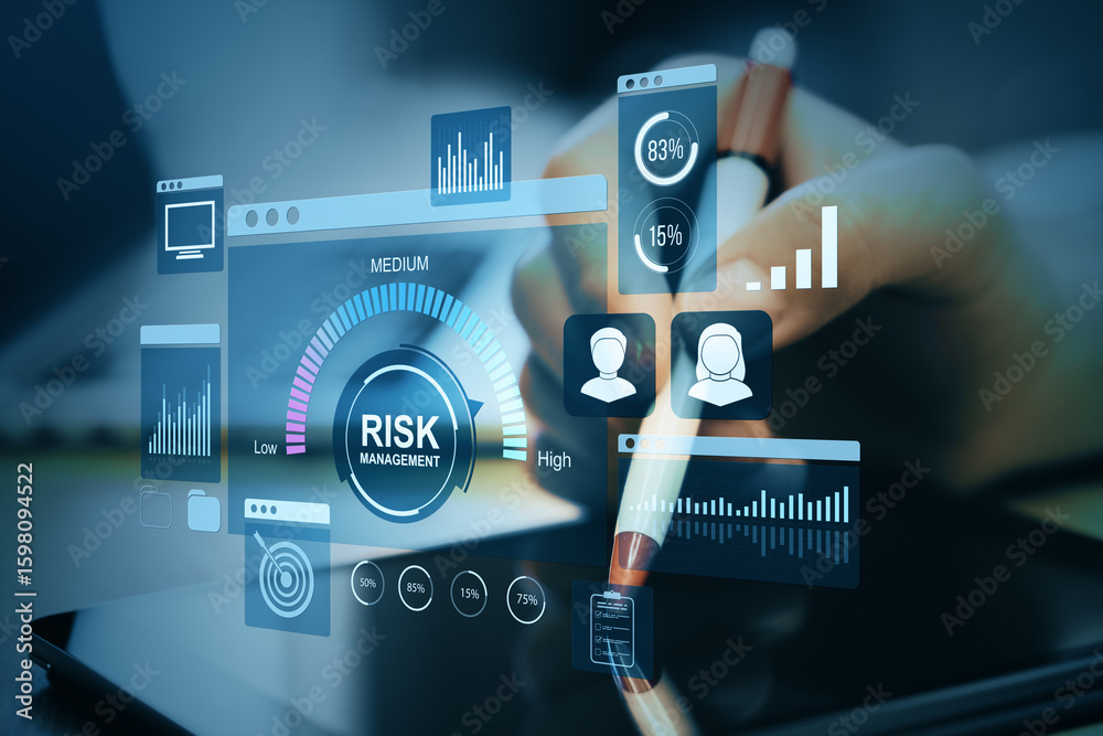 Poster digital risk management dashboard interface showing financial data analysis and user metrics on mobi