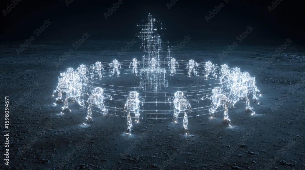 Poster wireframe robots, moving in a circle, collaboratively construct a complex structure, showcasing adva