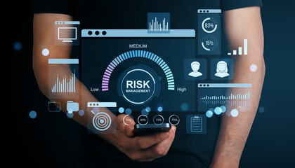 Digital risk management interface with financial data analysis icons on smartphone screen in futuristic corporate technology concept.