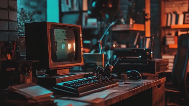 Vintage Computer Workspace with Retro Aesthetic and Programmers' Tools in a Dimly Lit Room 4k video footage