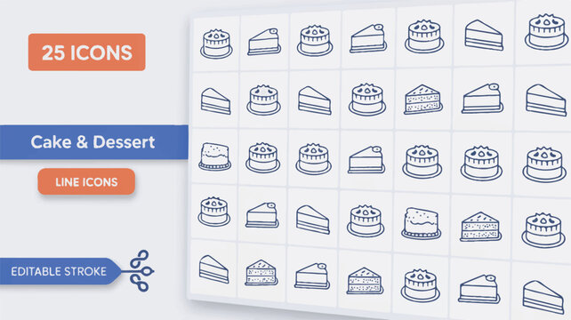 A set of 25 line art dessert and cake icons arranged in a grid layout. The icons are displayed on a white background with a light blue header.  