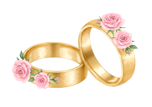 Illustration of Two Gold Wedding Rings With Pink Roses