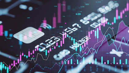 Digital finance concept with credit card chip and colorful forex market graphs on abstract background with financial data overlay.