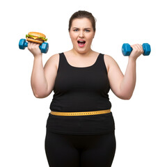 Photo of Overweight Woman Holding Burger and Dumbbells