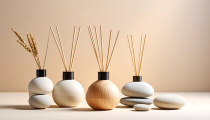 Fragrance Diffusers with Sticks and Decorative Stones on Beige Background