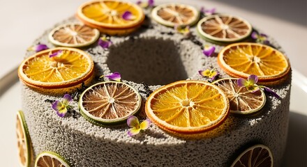 Elegant grey chiffon cake adorned with dried orange slices and purple blossoms.