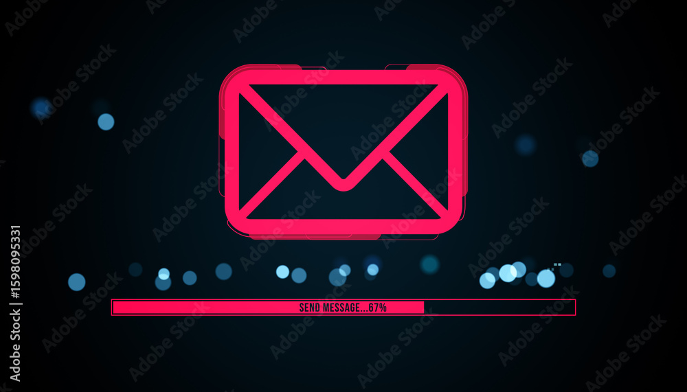 Aufkleber neon red email envelope icon with progress bar on dark digital background representing online messag