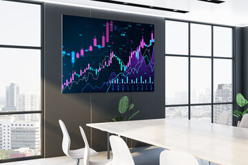 Modern corporate meeting room with digital screen showing financial stock market analysis charts, interior with city view in daylight. 3D Rendering