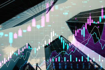 Financial market chart overlays on modern city skyscrapers with digital interface elements representing economic data and investment growth concept.