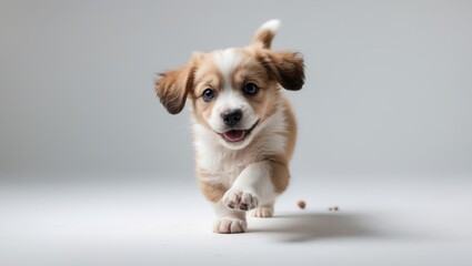 A cute puppy running towards the camera with a joyful expression. Adorable and energetic dog in motion.