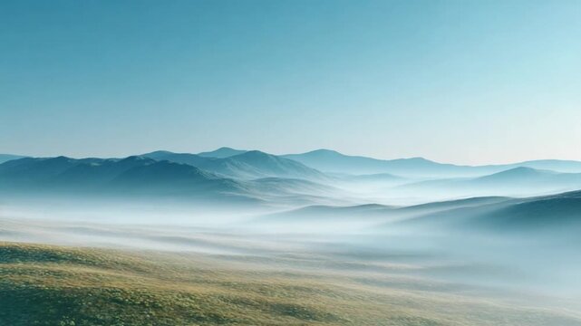 Mist-kissed Mountain Vista: A breathtaking landscape of rolling hills and majestic mountains is swathed in a delicate veil of morning mist, creating a serene and inspiring panorama.
