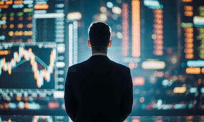 A businessman stands in front of a large screen displaying financial charts and data, a double exposure effect creating a futuristic visualization of his analysis - Powered by Adobe