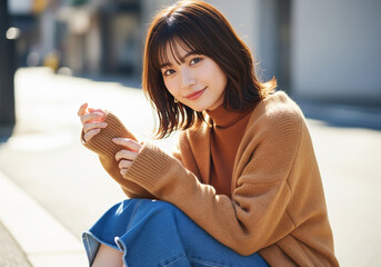 秋の陽光があふれる街角で、ブラウンのセーターを着て微笑むファッション女性モデル