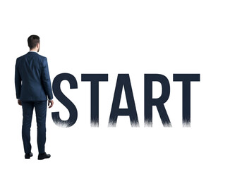 Illustration of a Man in Front of START Word and Black Background PNG