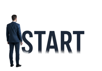 Illustration of a Man in Front of START Word and Black Background PNG