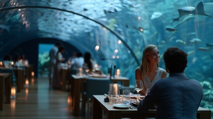 Couples enjoy a romantic dinner surrounded by marine life in an underwater restaurant at twilight