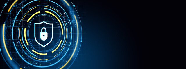 Cybersecurity digital shield with padlock icon in futuristic interface on dark blue background. 3D Rendering