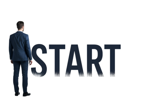 Illustration of a Man in Front of START Word and Black Background PNG