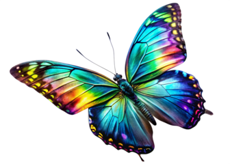 vibrant iridescent butterfly captured mid flight