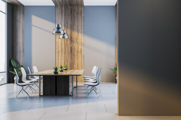 Modern executive boardroom with wooden accents and minimalist design featuring clean lines, white...