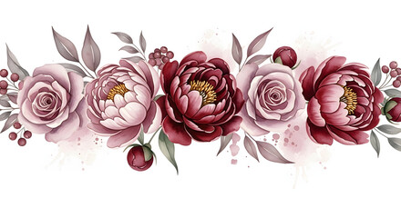 Elegant burgundy flowers artistically arranged in watercolor painting for decorative purposes on white background