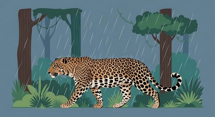 A leopard walks through a forest during a rain shower, with trees and foliage surrounding it.