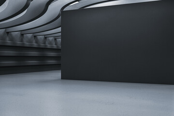 Futuristic dark interior with wave ceiling and large black wall in empty showroom or studio space...