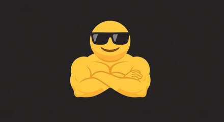 A yellow emoji of a muscular figure wearing sunglasses, arms crossed, against a dark background.