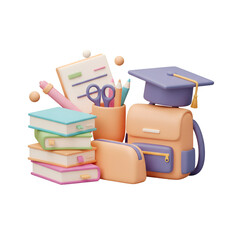 3D Illustration of School Supplies, Backpack, Books and Stationary
