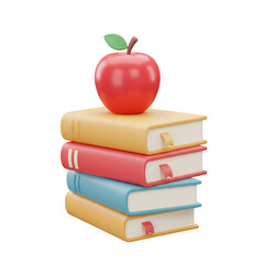 3D Illustration of Books with Red Apple, Isolated on Black