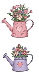 Illustration of Watering Cans with Flowers,  Cute Floral Design