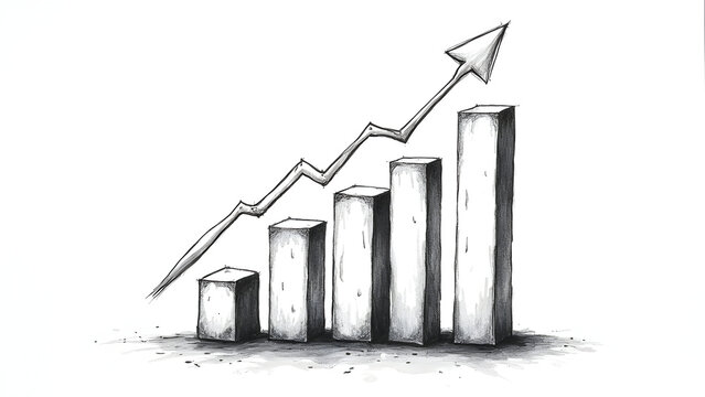Hand illustrated business trend bar graph with arrow