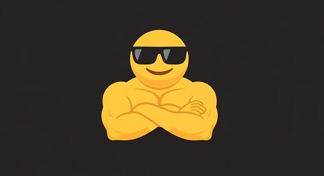 A yellow emoji of a muscular figure wearing sunglasses, arms crossed, against a dark background.