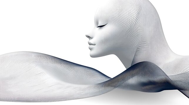 A profile view of a digital woman's head and flowing lines.