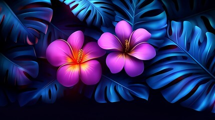 Obraz premium Vibrant purple hibiscus flowers amidst dark blue tropical leaves.