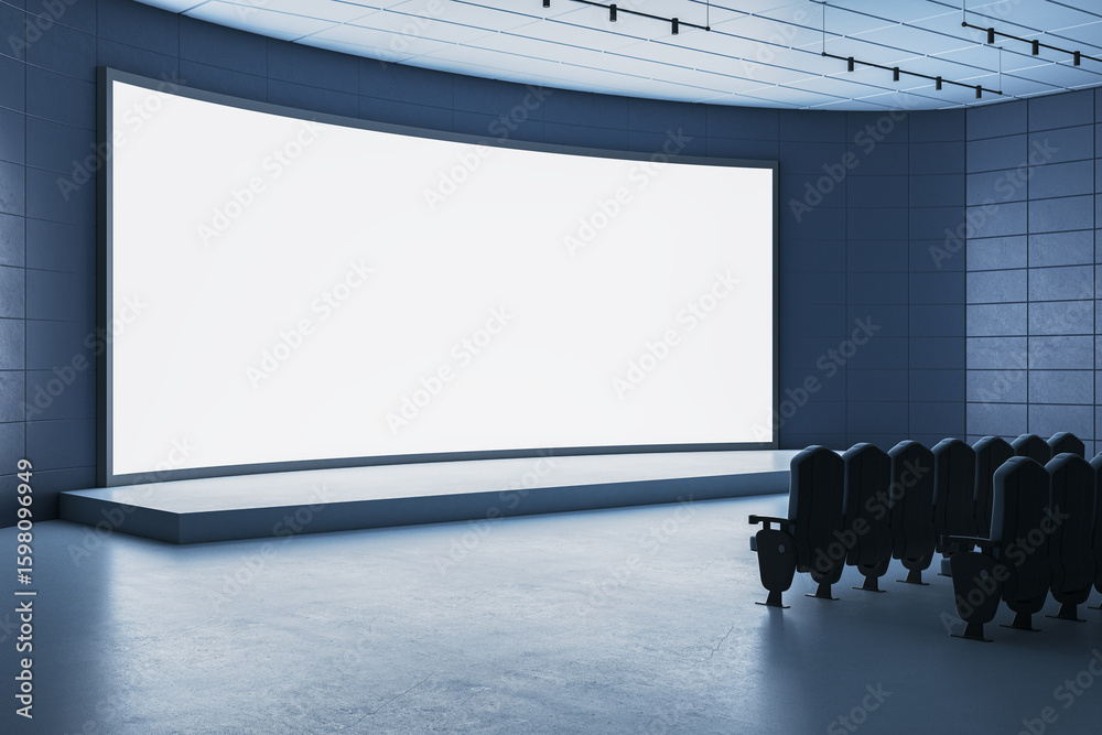 Poster modern auditorium with blank curved digital display and empty seats in futuristic conference or pres