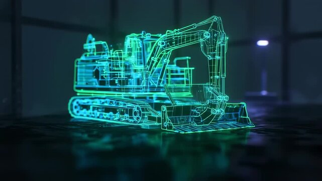 Glowing outline of a construction excavator