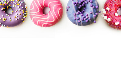 Colorful donuts with various toppings arranged side by side on a white surface