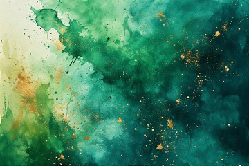 Emerald Green Watercolor Abstract with Gold Splatter Texture.