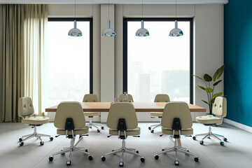 Modern executive conference room interior with large table, beige chairs, pendant lights, and city...