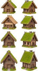 Miniature Wooden Cabins with Green Roofs
