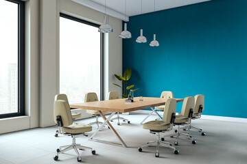 Modern bright office boardroom interior with beige chairs, wooden desk, hanging lights, and city...