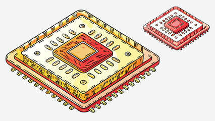 Illustration of two computer chips with visible pins and square design elements in yellow and red hues