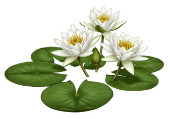 Illustration of Three White Water Lilies on Transparent Background